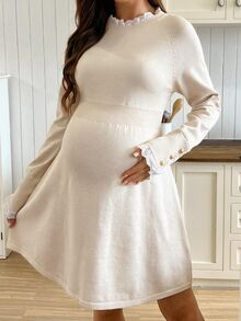 SHEIN 孕婦蕾絲拼接 A 字版針織長袖洋裝，休閒日常穿著冬季款 - 米色 - 查看 7