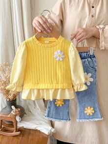 SHEIN 2pcs Toddler Girl Top Flare Jeans Sweet Yellow Blue Daisy Ribbed Ruffle Long Sleeve Round Neck Regular Holiday Spring Princess Birthday Raw - Yellow - View 3