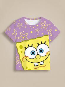 SpongeBob SquarePants | SHEIN 女嬰星星印花圓領短袖休閒T恤 - 白色 - 查看 7