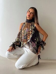 Aloruh Boho Stand Collar Tie Long Sleeve Flared Asymmetrical Hem Chiffon Printed Women's Blouse - Multicolor - View 3