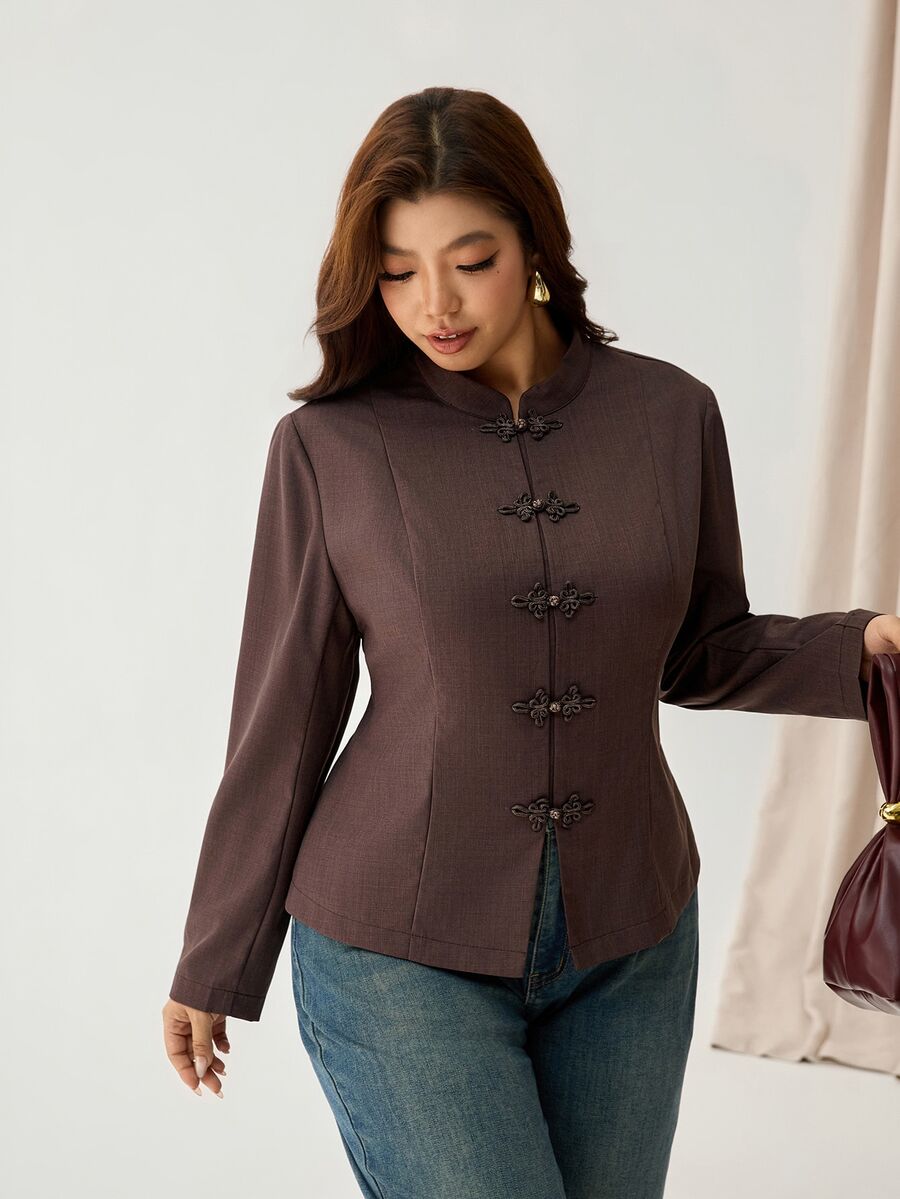 Auralis Autumn/Winter New Chinese Style Frog Button Decor Cinched Waist Brown Plus Size Blazer/Elegant Commute Daily - Brown - View 1