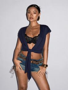 SHEIN ICON Women's Deep V-Neck White Knotted Muse Style Top - Navy Blue - View 3