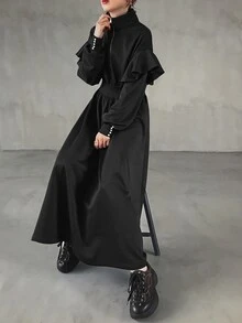 FRIFUL Women's Solid Color Zipper Half-Placket Patchwork Ruffle Hem Casual Long Dress - Black - View 1