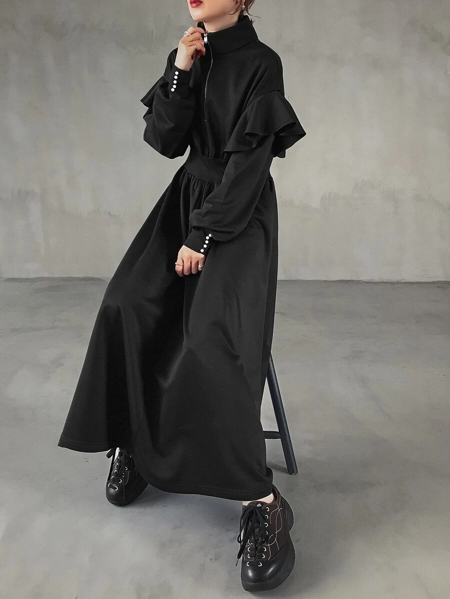 FRIFUL Women's Solid Color Zipper Half-Placket Patchwork Ruffle Hem Casual Long Dress - Black - View 1