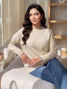 Dripcurv Plus Size Women Solid Color Contrast Lace Long Sleeve Fashion Pullover Sweater Winter - White - View 1
