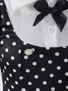 SHEIN Tween Girls Fall Style Fake Two-Piece Polka Dot Dress Puff Long Sleeve Bow Decor Back To School Daily Party Outfit - Black and White - View 6