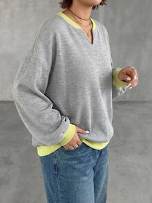 Dazy Plus Early Autumn New Korean Style Contrast Color Waffle Fabric Loose Sweatshirt - Grey - View 2