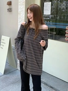 DAZY Women's Striped Asymmetrical Shoulder Loose Casual T-Shirt - Coffee Brown - View 6