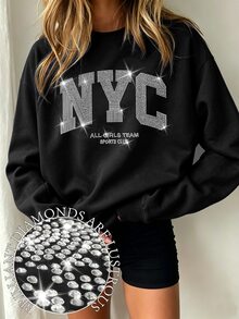 SHEIN MOOSTA 大尺碼女款字母印花圓領長袖運動衫，深灰色，秋冬款，休閒商務校園返校穿搭套頭衫，畢業季教師款 - 黑色 - 查看 1