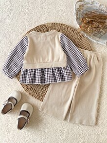 SHEIN 2Pcs Baby Girl Spring Fall Cotton Outfit, Casual Pit Stitch Plaid Spliced Puff Sleeve Knit Pullover + Solid Wide Leg Pants Beige Set - Apricot - View 3