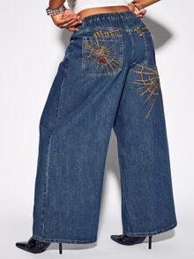ROMWE Street Life Plus Size Women's Spider Web Embroidered Pattern Loose Straight Leg Jeans - Blue - View 7