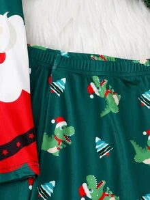 Teen Girl Santa Claus Autumn/Winter Pajamas Christmas Tree Stretchy Ribbed Snug Fit Short Sleeve Shorts Crew Neck Top Print Allover Letter Green - Dark Green - View 8