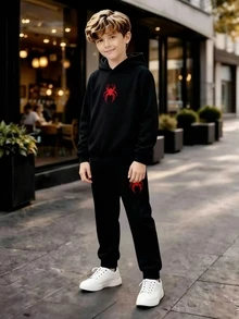青少年男孩抓絨連帽衛衣運動服套裝 休閒冬季街頭風紅色蜘蛛圖案套裝 - 黑色 - 查看 3