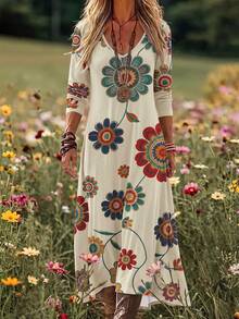 Selamara Bohemian Vintage Print Long-Sleeve Dress, V-Neck, Loose Flowy Vacation Maxi Dress - Multicolor - View 3