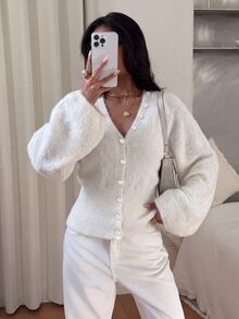 Siren Gaze 女款休閒長袖針織開襟衫 毛茸茸針織開襟衫 白色女裝 秋冬穿搭 Y2K風格服飾 - 白色 - 查看 7