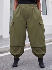 Slaydiva Plus Size Convertible Cargo Parachute Pants, Detachable Leg MultiPocket Baggy Streetwear Trousers - Army Green - View 6