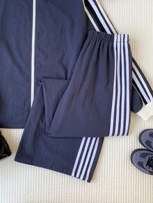 Comfortcana 女款側條紋拉鍊門襟夾克與長褲休閒兩件套 - 藏蓝色 - 查看 4