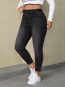 SHEIN ICON 大尺碼女款休閒日常牛仔褲，附口袋 - 黑色 - 查看 5