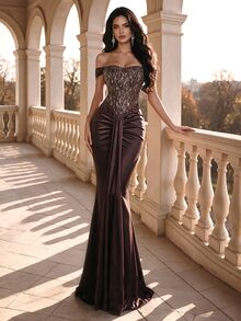 Coutiva Women's Patchwork Sequin Off-Shoulder Mermaid Hemline Glamorous Formal Evening Gown - Brown - View 2
