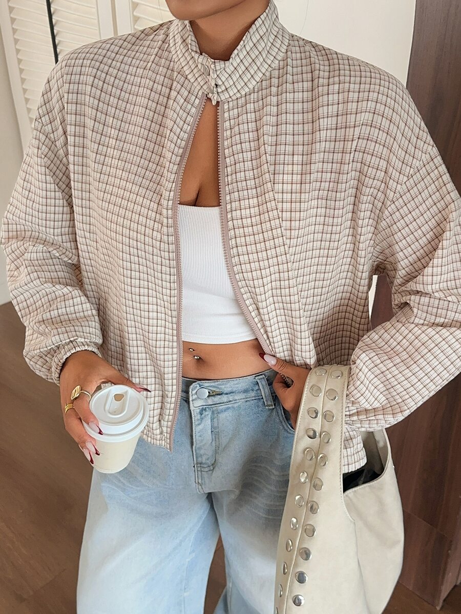 Dazy Plus Blogger Style Plaid Lapel Zip-Up Long Sleeve Loose Short Casual Regular Jacket - Apricot - View 1