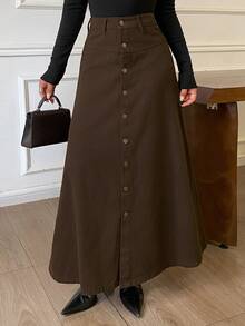 Dazy Plus Single-Breasted Decorative Long A-Line Denim Skirt, Casual Urban Style - Brown - View 6