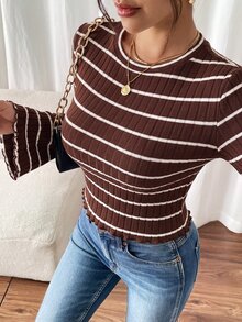SHEIN Frenchy 女款條紋休閒日常喇叭袖T恤 - 咖啡棕 - 查看 6