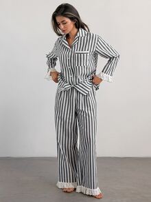 Livesso Women's Button Striped Top And Lace Patchwork Long Pants Pajama Set - Green - View 5