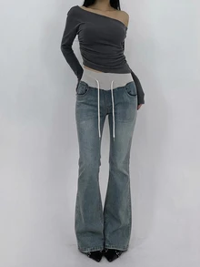 Livesso Deep Blue Washed Distressed High Waist Loose Flare Wide Waistband Design Cargo Style Casual Denim Jeans For Women Fall - Blue - View 3