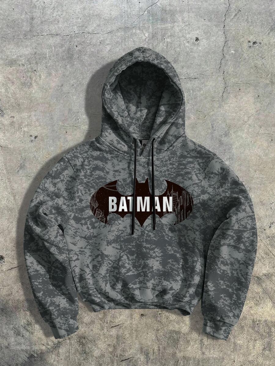 BATMAN X SHEIN Manfinity EMRG DC Gotham City 建築線條藝術剪影蝙蝠標誌男士雙層連帽衛衣 - 彩色 - 查看 1