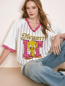 LOONEY TUNES X SHEIN Women's Striped Leopard Print Letter Graphic Raglan Short Sleeve T-Shirt - White - View 1