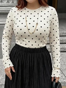 Dazy Plus Korean Style Polka Dot Fitted T-Shirt, Autumn Layering - Beige - View 5