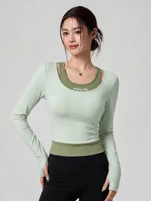 DAZY Women's 2 In 1 Patchwork Casual Daily Sports T-Shirt - Green - View 1