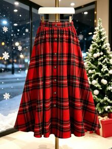 GlowEve CURVE Plus Size Plaid A-Line Skirt With Single Button Closure Fall/Winter Brunch Birthday Red Vintage Retro Christmas,New Year, Date, - Red - View 3