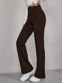 SHEIN EZwear 女款純色高腰休閒百搭長褲 - 棕色 - 查看 3