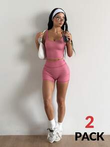 Coolane Women's Summer Yoga Leisurewear Active Multi Color Stripe Cami Top And Short Pink Two Pieces Set - Pink - View 5