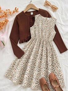 SHEIN Tween Girl Tween Girls Dresses Jacket Set 2pcs Ditsy Floral Autumn/Winter - Brown - View 3