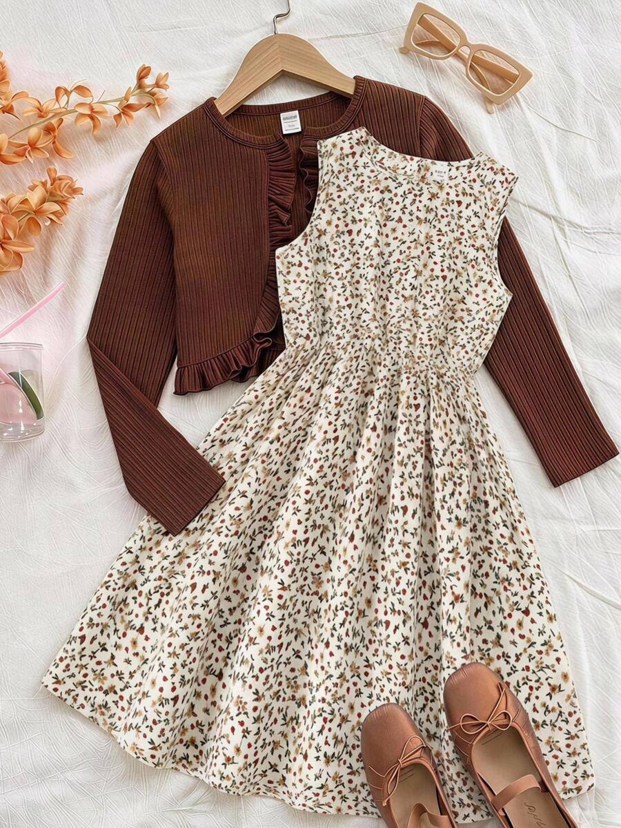 SHEIN Tween Girl Tween Girls Dresses Jacket Set 2pcs Ditsy Floral Autumn/Winter - Brown - View 1