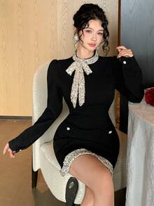 DAZY 女款優雅奢華亮片綁帶洋裝，適合約會與秋季穿著 - 黑色 - 查看 9