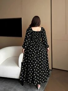 Vibekara 大尺碼優雅熱帶仙女花卉印花方領百褶綁帶洋裝 秋季早午餐生日 皇家藍 秋季 - 彩色 - 查看 2