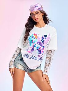 My Little Pony X SHEIN Women's Letter Cartoon Graphic Print Lace Patchwork T-Shirt - White - View 6
