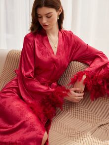 Moireta Women's Glossy Embossed Satin Feather Long Robe - Burgundy - View 1