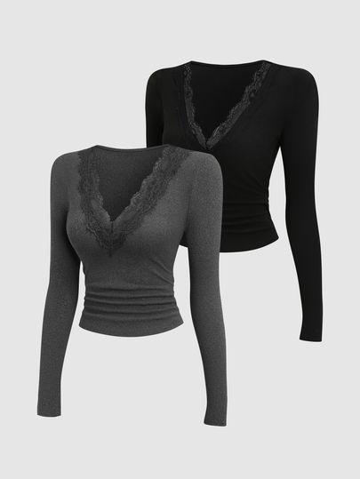 SHEIN EZwear 法式優雅修身顯瘦黑灰色套裝，獨特性感蕾絲深V領設計，秋冬極簡內搭，時尚百搭極簡性感風女款T恤