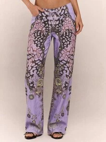 MUSERA 孔雀印花繫帶直筒印花牛仔褲 Coo 秋季 - 紫色 - 查看 4