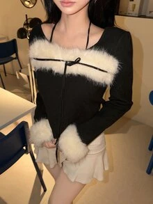 FRIFUL Women's Patchwork Fuzzy Long Sleeve Bow Decor Elegant Cute Romantic Sweater Going Out Dinner Tea Party Black And Cream Fall Winter - Black - View 7