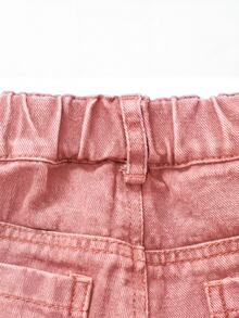 SHEIN 女童時尚可愛街頭風愛心刺繡寬鬆直筒牛仔長褲 - 粉色 - 查看 4