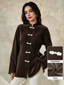 Graceveil Áo blouse nữ tay dài màu nâu phong cách Trung Hoa mới, thiết kế nút ếch thủ công, lãng mạn thanh lịch - màu nâu - Xem 2