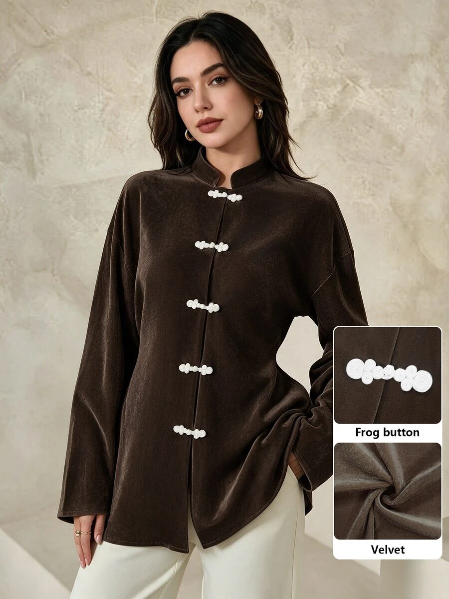 Graceveil Áo blouse nữ tay dài màu nâu phong cách Trung Hoa mới, thiết kế nút ếch thủ công, lãng mạn thanh lịch