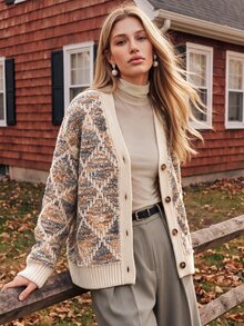 Anewsta Women's Winter Jacquard Loose Comfortable Knit Cardigan Top - Apricot - View 1