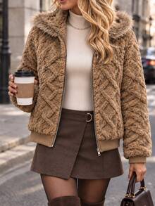 Cévolie Women's Elegant Autumn/Winter Commuter Coat With Double-Sided Fleece Jacquard Fabric And Fur Trim - Brown - View 5