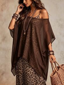 Linhara CURVE Plus Size Women Casual Set Cold Shoulder Asymmetrical Chiffon Cover-Up Vintage Leopard Print Spaghetti Strap Dress - Brown - View 4